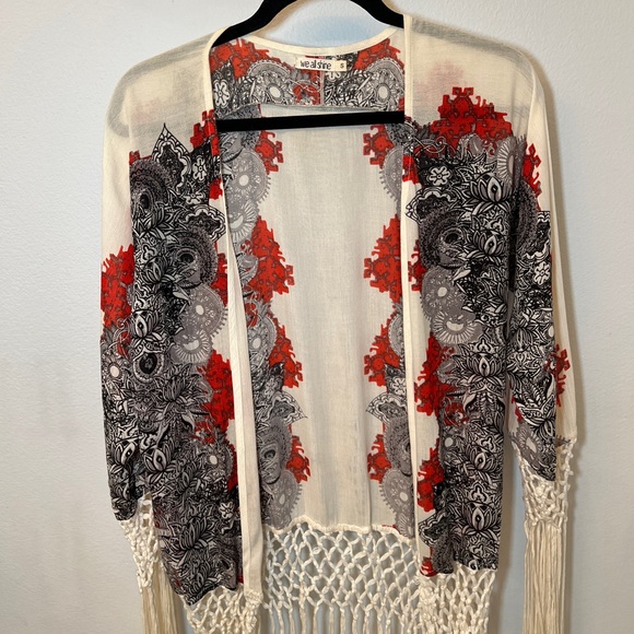 We All Shine White Fringe Festival Kimono with Boho Abstract Pattern - Size S - Picture 2 of 5